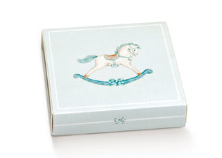 Scotton scatolina porta confetti celeste con disegno cavalluccio a dondolo 10pz
