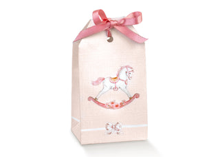 Scotton scatolina porta confetti rosa con disegno cavalluccio a dondolo 10 pz