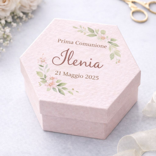 Scatolina Esagonale in Carta Martellata 200g Personalizzabile Per Ogni Evento 9,3x8x4 (MINIMO 20PZ)