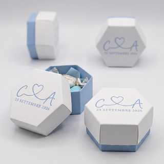 Mini Scatolina Esagonale in Carta Martellata 260g Personalizzabile Per Ogni Eventi 6x5,5x3 (MINIMO 20PZ)