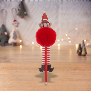 1pz Penna Natalizia con Elfo e Pompon Rosso 12cm