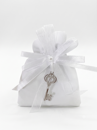 Star - Sacchetto Bianco con Fiocco e Tirante con Ciondolo Chiave 12pz - 10x13