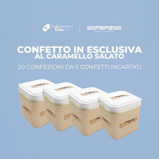 ESCLUSIVA 20 confezioni in latta 6x6 con 5 Confetti al caramello salato incartati