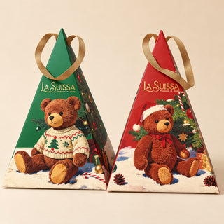 Cioccolato LaSuissa - Scatola Regalo Piramide con Orsetto Natalizio con Praline di Cioccolato al Latte e Fondente Ripiene di Crema al Gusto Caramello Senza Glutine - 210g (SCEGLI IL COLORE)