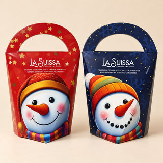 Cioccolato LaSuissa - Borsetta Pupazzo di Neve Natalizio con Praline di Cioccolato al Latte e Fondente Ripieni di Crema al Gusto Caramello Senza Glutine - 130g