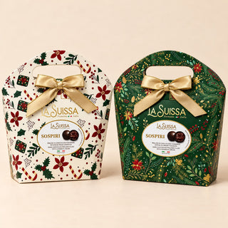 Cioccolato LaSuissa - Borsetta Regalo Natalizia con Fiocco e Praline di Cioccolato Fondente Extra Ripieni di Morbida Crema Gianduia Senza Glutine - 150g